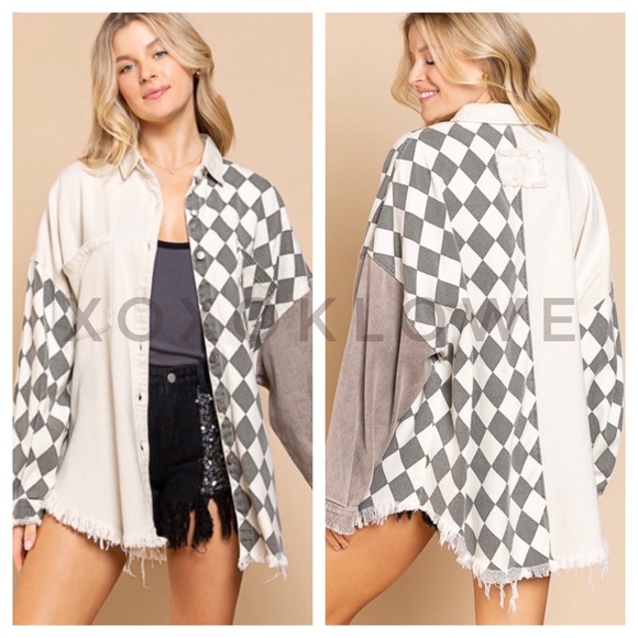 1 L POL Retro 90s Color Block Harlequin Print Denim Twill Shacket - Picture 12 of 14